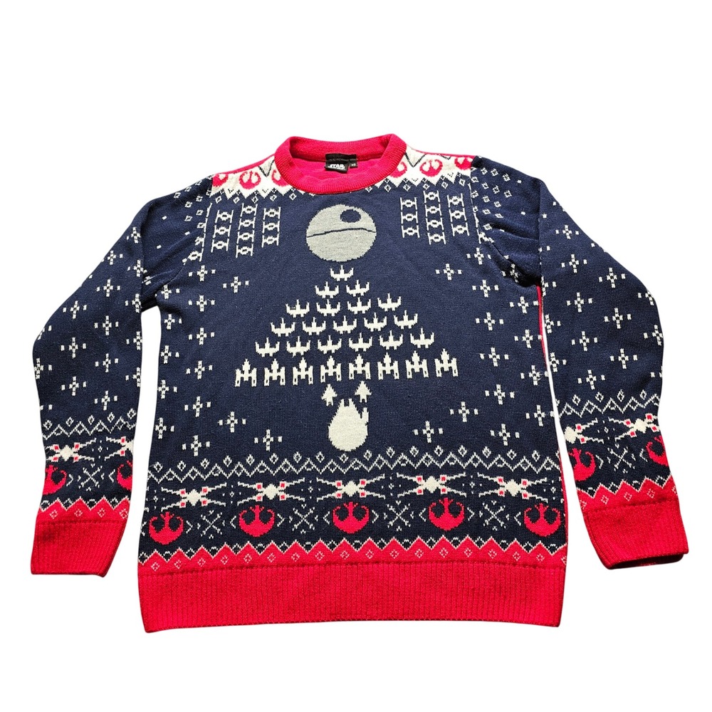 Star Wars Christmas Sweater XS Blue Red Holiday Death Star X-Wing Knit Pullover